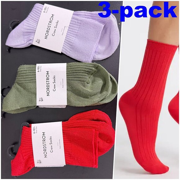 Nordstrom Ultra Soft Dressy Rib Quarter Socks 3-Pack Red Green Lavender - Picture 1 of 4
